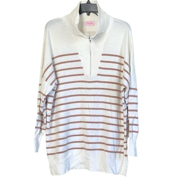 Pink Lily Quarter Zip Long Sleeve Relaxed Fit Tunic Length Striped Top Sz L - Picture 1 of 9